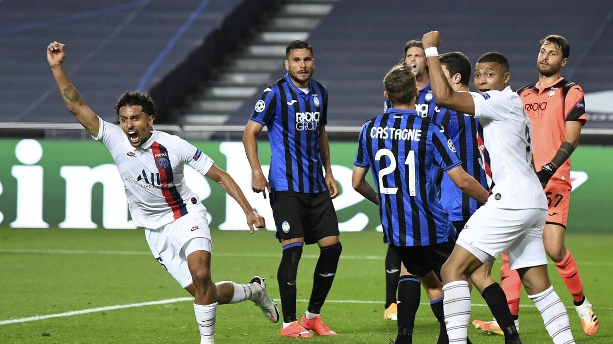PSG's Marquinhos celebrates after scoring a goal against Atalanta during the Champions League quarterfinal