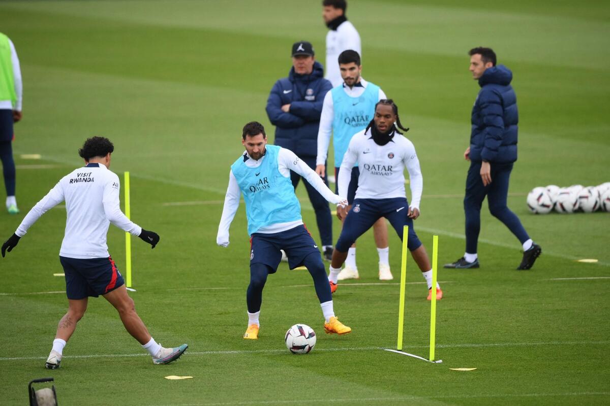 Paris Saint-Germain's Lionel Messi attends a training session in Paris on Friday. — AFP