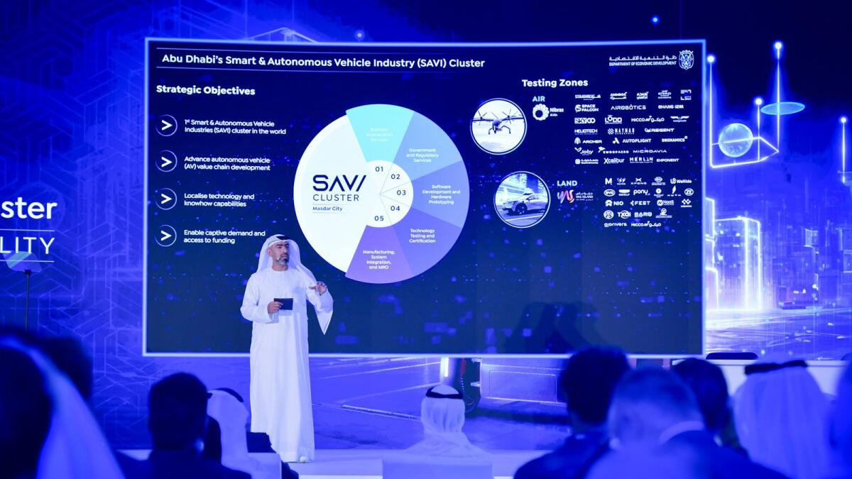 Nayef Shahin, director of innovation &amp; knowledge at ADDED, speaks at the launch of Savi cluster in Abu Dhabi. — Supplied photo