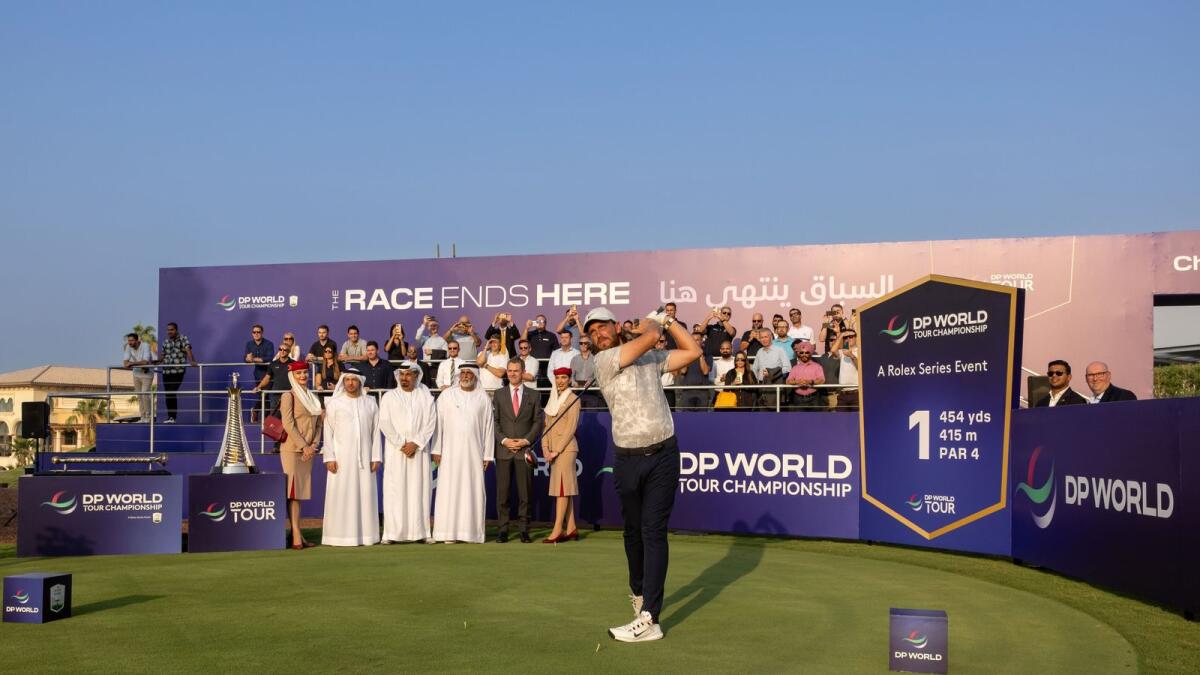 Tommy Fleetwood takes the ceremonial shot from the first tee. — Supplied photo