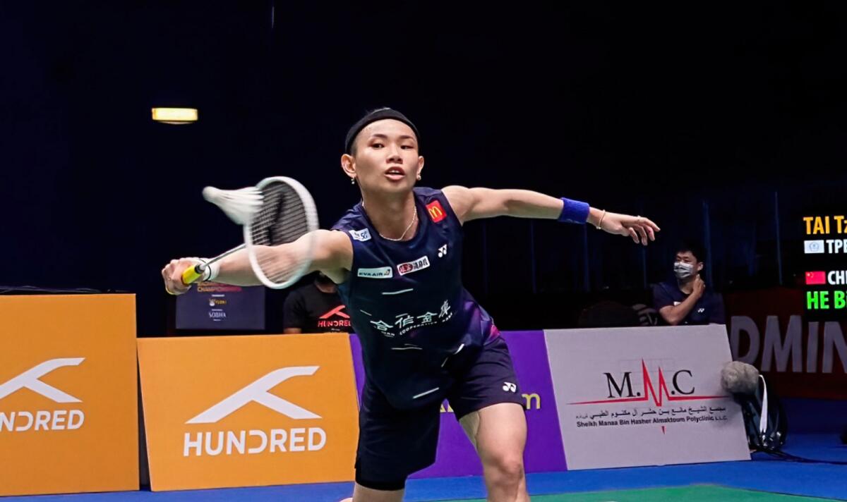 Tai Tzu-ying of Chinese Taipei in action against China’s He Bing Jiao in Dubai on Friday. — UAE Badminton Federation