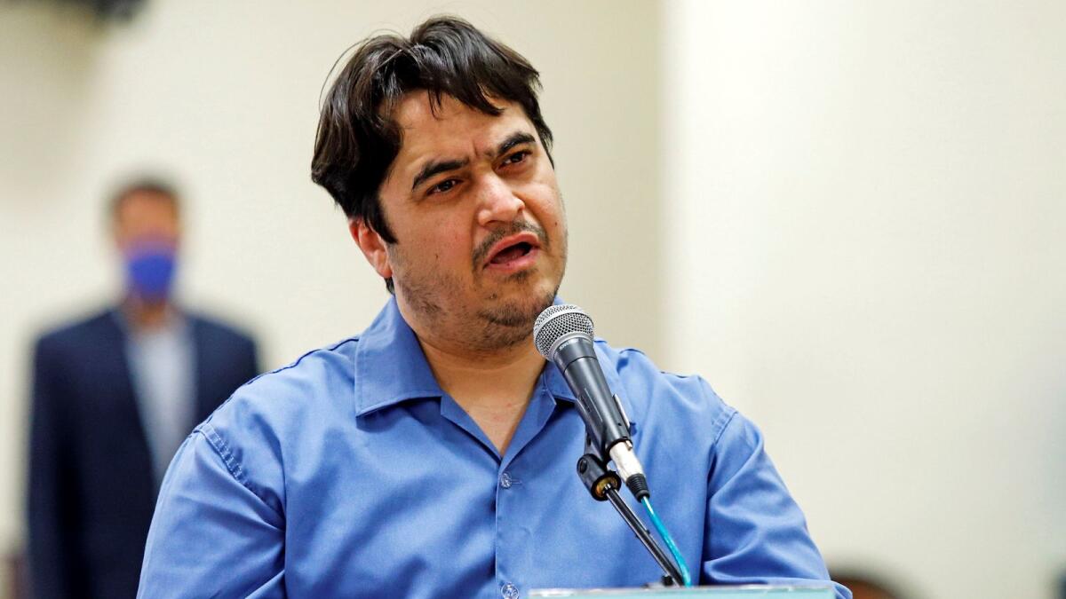 FILE PHOTO: Ruhollah Zam, a dissident journalist who was captured in what Tehran calls an intelligence operation, speaks during his trial in Tehran, Iran June 2, 2020.