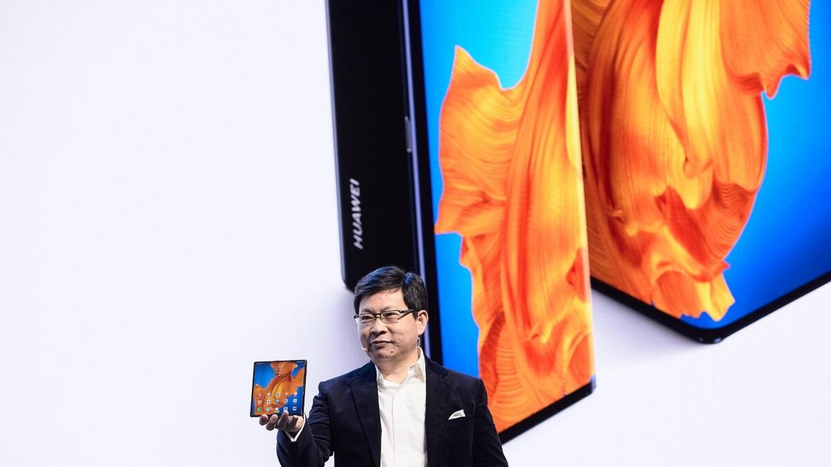 Richard Yu presenting the Huawei Mate Xs foldable smartphone during a 'virtual' Press conference in Dubai on Monday.