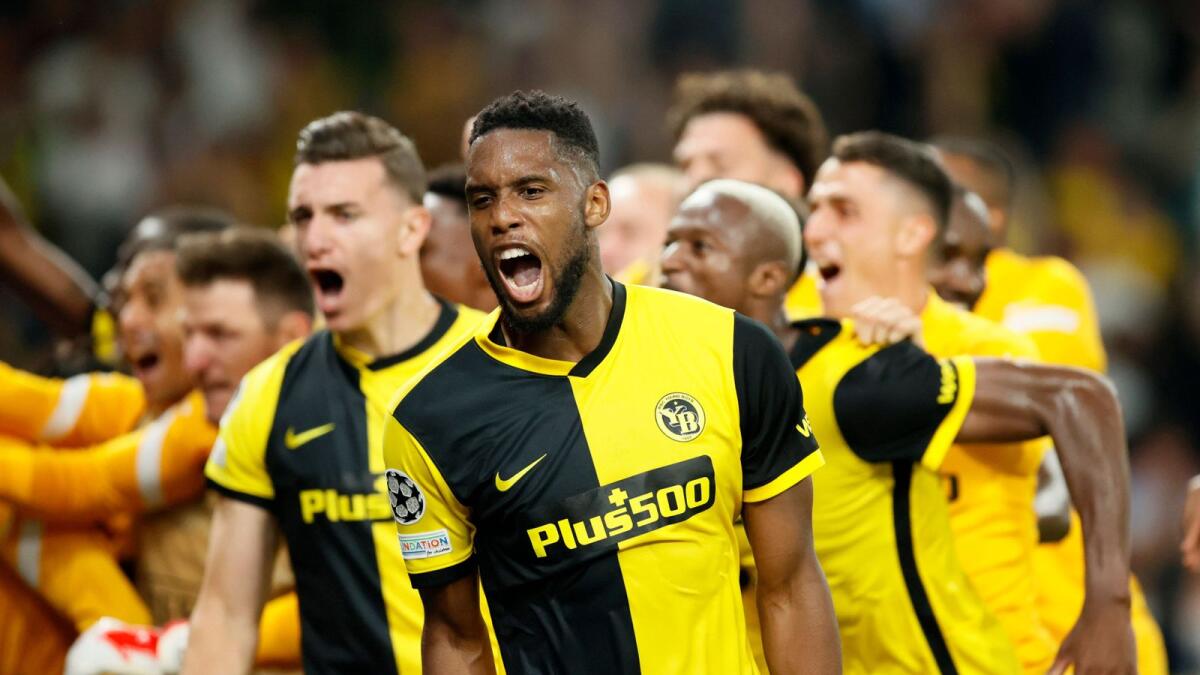 Young Boys' Jordan Siebatcheu celebrates his winner against Manchester United with teammates. — Reuters