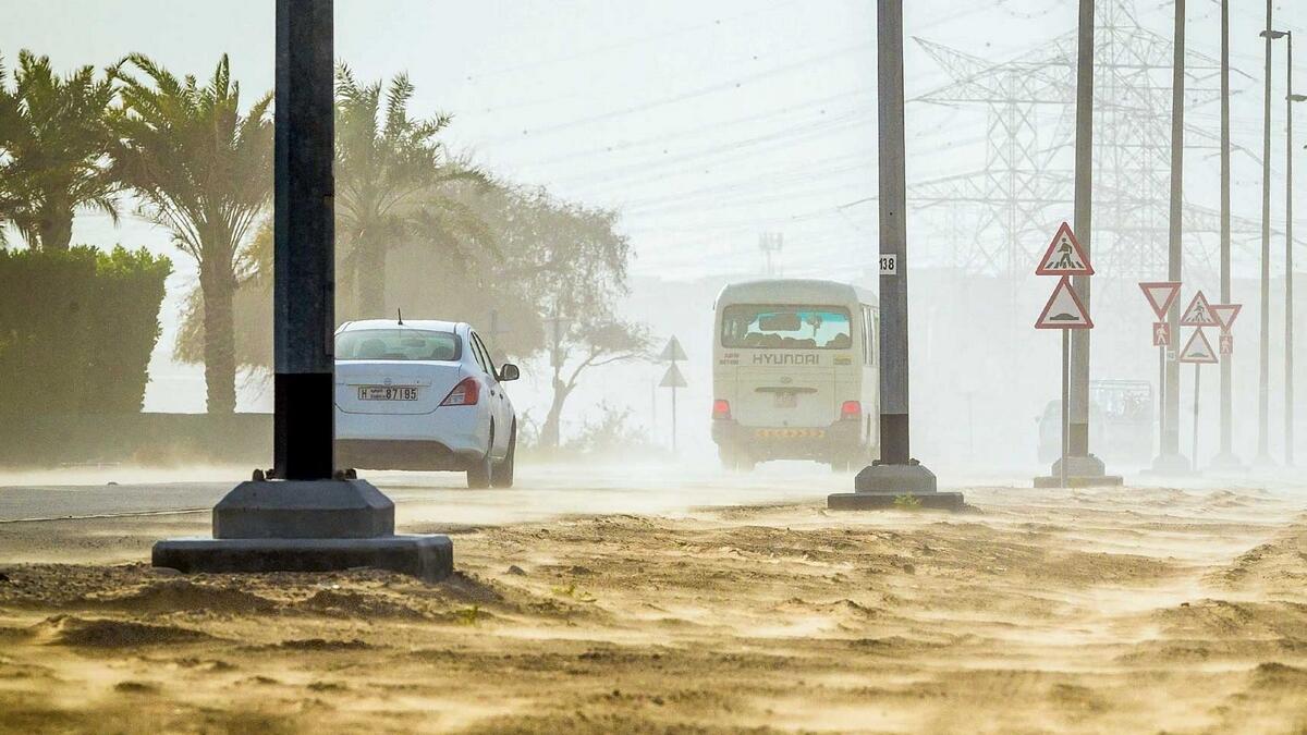While it rained in Abu Dhabi, the overall weather in Dubai and Sharjah was cloudy. Areas like Nad Al Sheba witnessed sandstorm which led to poor visibility.  — Photo by Neeraj Murali