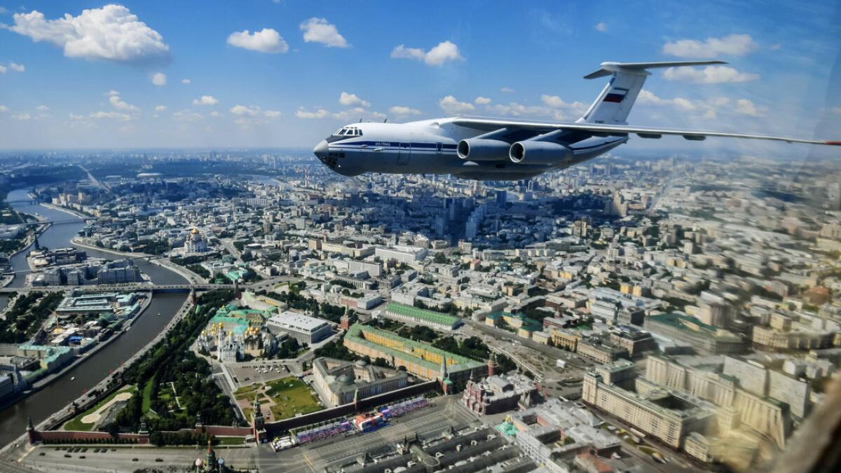 Russian Il-76 transport plane flying over downtown Moscow during a military parade, which marks the 75th anniversary of the Soviet victory over Nazi Germany in World War Two. Photo: AFP