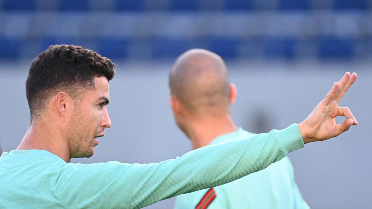 Portugal's Cristiano Ronaldo during a training session at the Illovszky Rudolf Stadium in Budapest on Tuesday. (AFP)