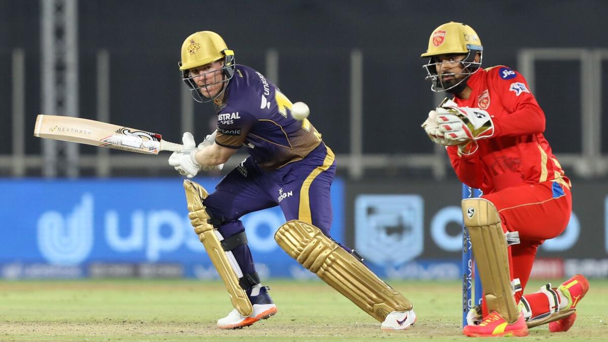 Kolkata Knight Riders' captain Eoin Morgan plays a during the match against the Punjab Kings. (BCCI)