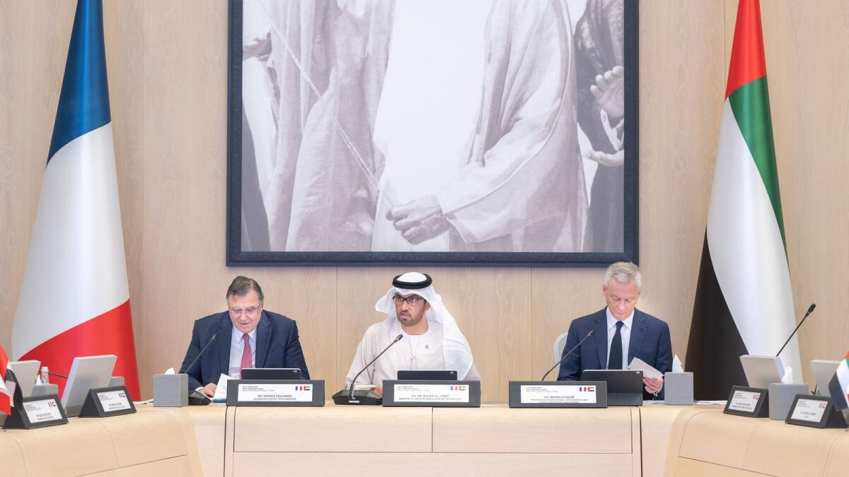 Dr Sultan Al-Jaber, Bruno Le Maire and Patrick Pouyanne at the first plenary meeting of the UAE-France high-level Business Council in Abu Dhabi on Monday. — Supplied photo