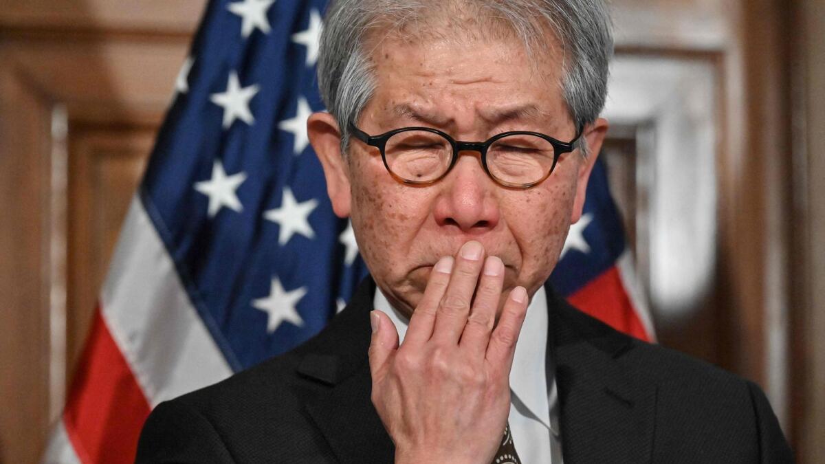Japanese architect Riken Yamamoto is seen overwhelmed with emotions as he speaks during a media briefing at the US ambassador's residence in Tokyo on March 7, 2024, after he was awarded on March 5 the Pritzker Architecture Prize. Yamamoto is the 53rd winner of the prize and the ninth from Japan. (Photo by Richard A. Brooks / AFP)