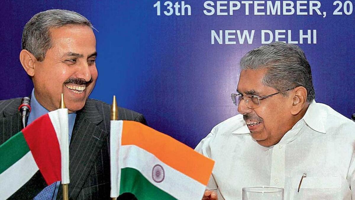 2011- UAE’s former Minister of Labour Saqr bin Ghobash Saeed Ghobash with Minister of Indian Overseas Affairs Vayalar Ravi during the signing of an MoU on manpower in New Delhi.—PTI