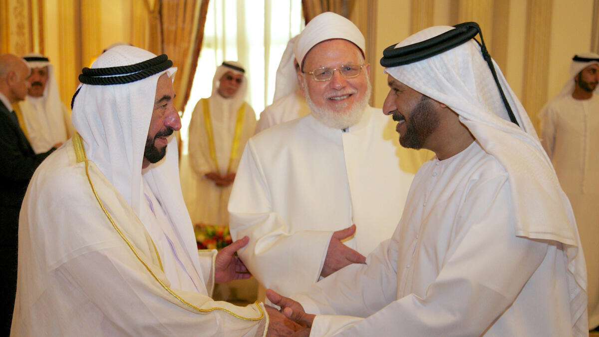 Dr. Shaikh Sultan, accompanied by Shaikh Sultan bin Mohammed, receive well-wishers after Eid Al Adha prayers at Al Badea Mussala in Sharjah.
