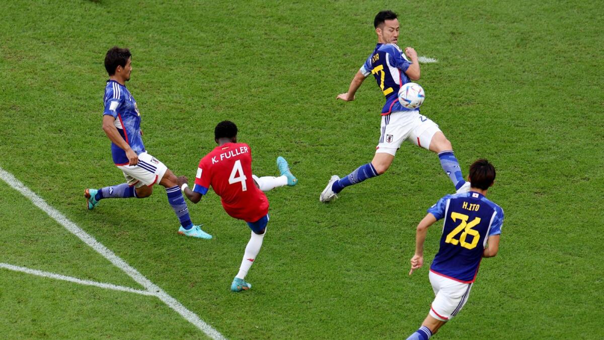 Keysher Fuller scores tCosta Rica's match-winning goal against Japan in a Group E Fifa World Cup encounter h on Sunday. Photo: Reuters