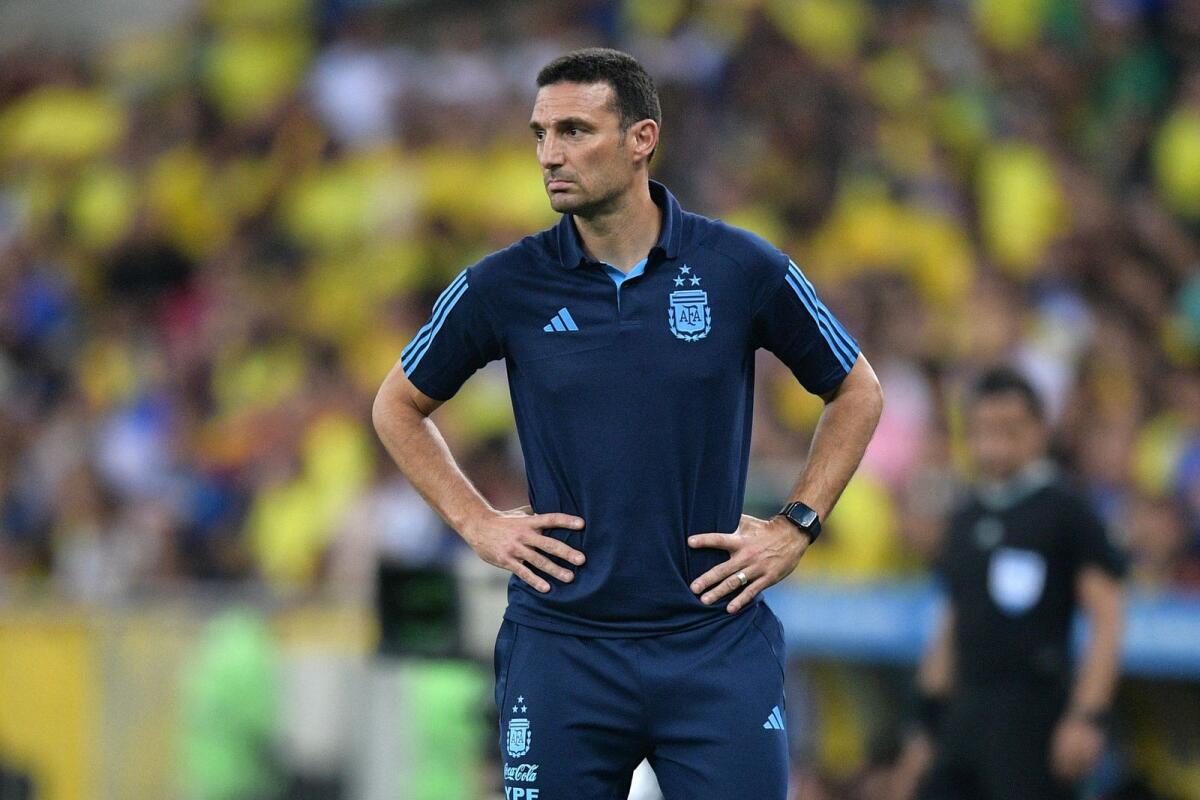 Argentina coach Lionel Scaloni looks on during the Fifa World Cup qualifying match against Brazil in Rio de Janeiro on Tuesday. — AFP