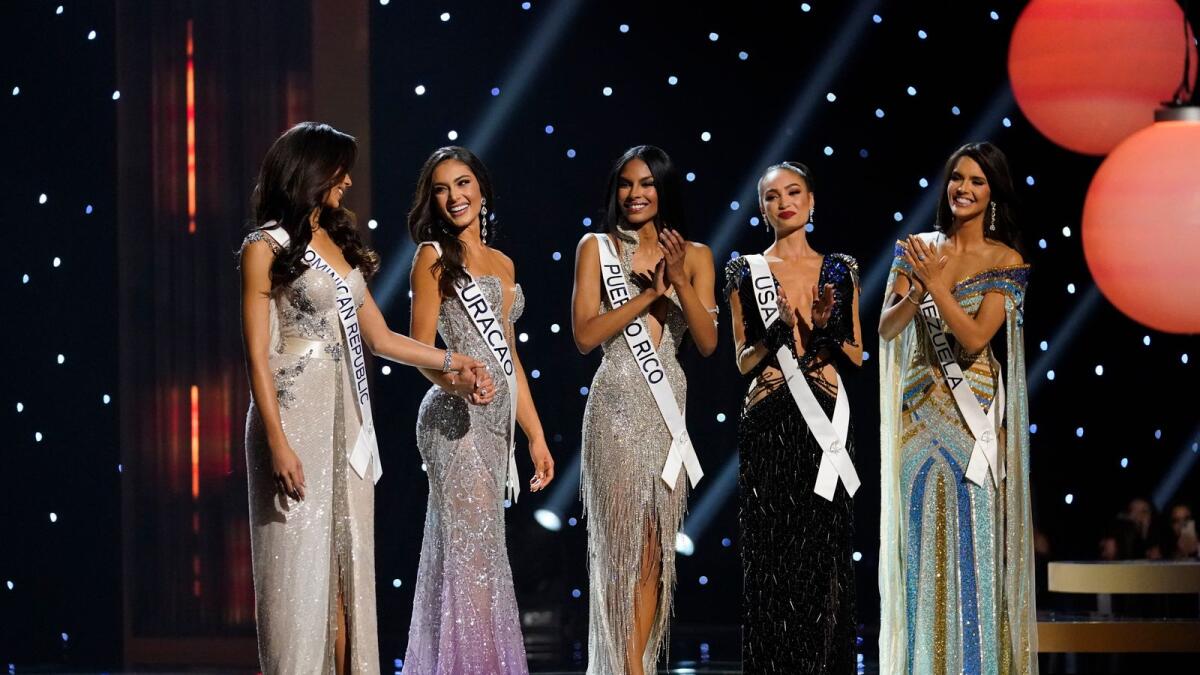 The final five contestants are announced during the final round of the 71st Miss Universe Beauty Pageant in New Orleans, Saturday, Jan. 14, 2023. Left to right are Miss Dominican Republic Andreina Martinez, Miss Curacao Gabriela Dos Santos, Miss Puerto Rico Ashley Carino, Miss USA R'Bonney Gabriel and Miss Venezuela Amanda Dudamel. (Photo: AP)