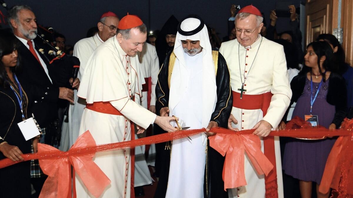 2015: (From left to right) Vatican Secretary of State Cardinal Pietro Parolin, UAEUAE ’s Minister of Tolerance Sheikh Nahyan bin Mubarak Al Nahyan and Papal Nuncio and Delegate to the Arabian Peninsula Archbishop Petar Rajic, take part in the opening ceremony of the second Catholic Church dedicated to St. Paul in Musaffah, Abu Dhabi. — AFP