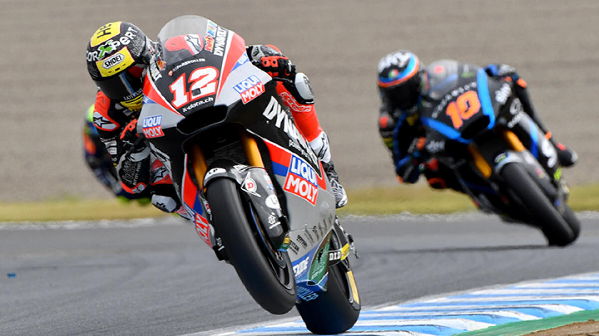 Dynavolt Intact GP rider Thomas Luthi of (left) leads Sky Racing Team VR46 rider Luca Marini of during the 2019 Japanese Motorcyle Grand Prix. -- AFP file
