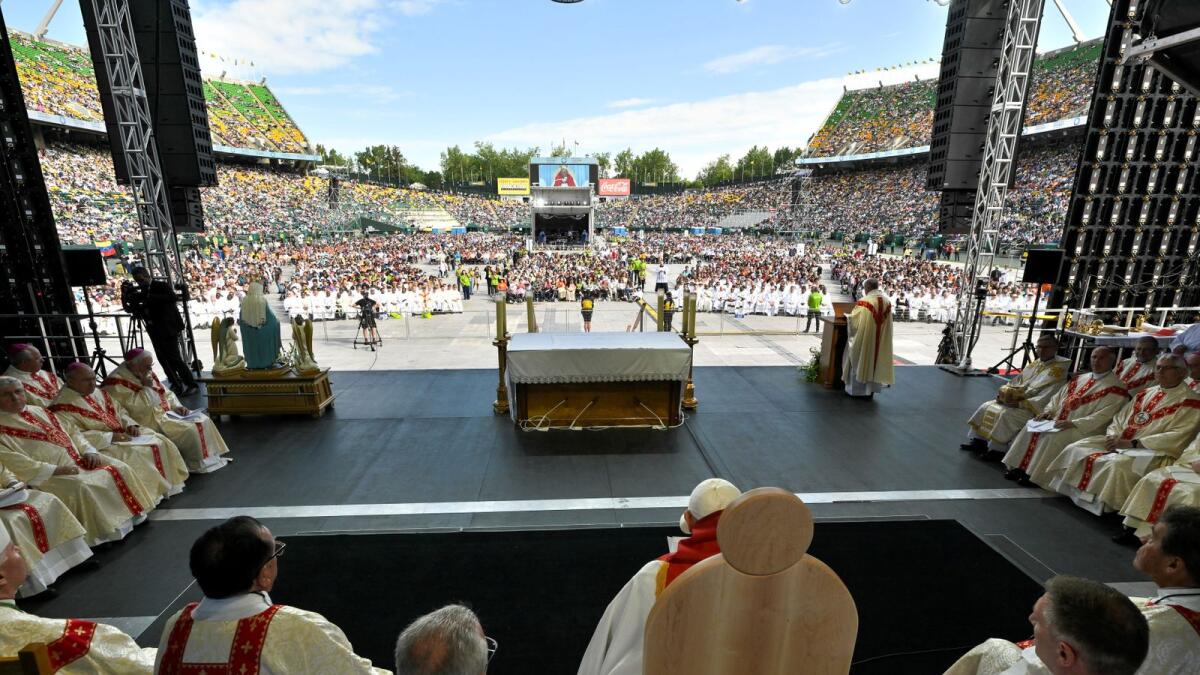 Pope Francis participating in an open-air mass at Commonwealth Stadium in Edmonton, Canada. Photo: AFP