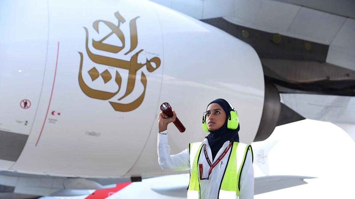 Asma Mohd Saeed Bin Suroor, Licensed Aircraft Engineer, doing preflight checks on EK.