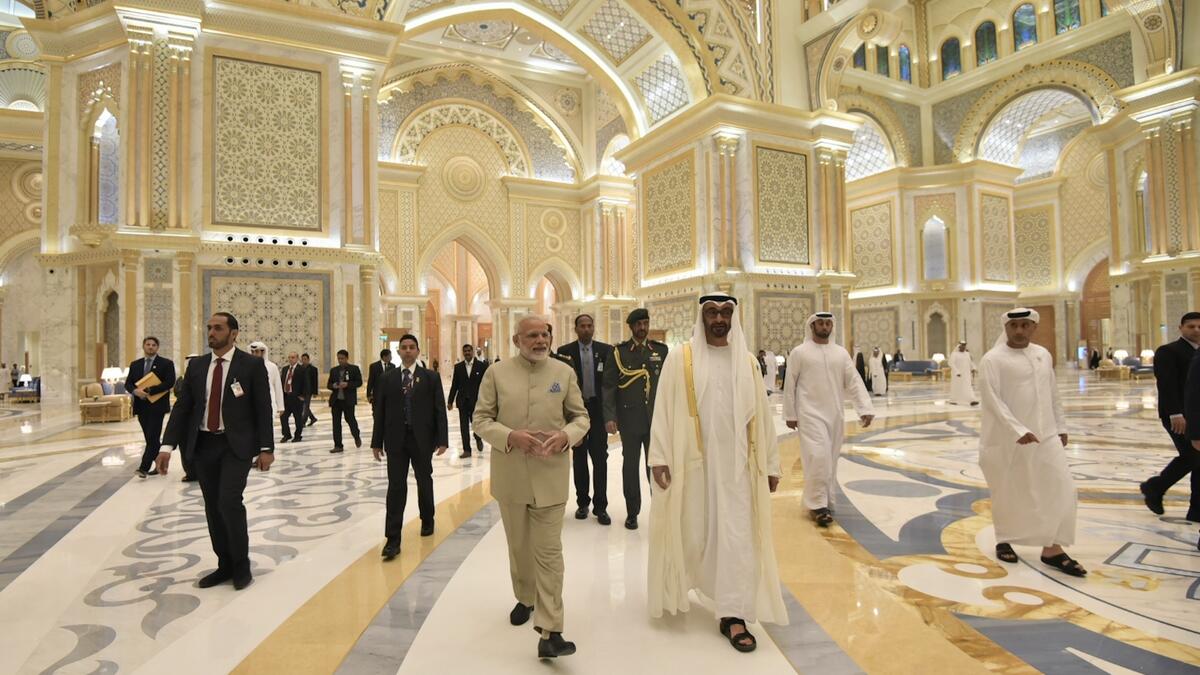 Sheikh Mohamed bin Zayed Al Nahyan, Crown Prince of Abu Dhabi and Deputy Supreme Commander of the UAE Armed Forces, with Prime Minister Narendra Modi in Abu Dhabi.