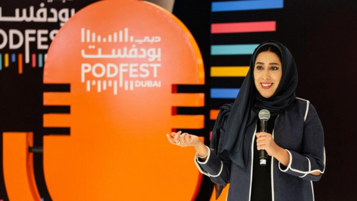 Mona Al Marri speaks at Dubai PodFest on Monday. — Supplied photo