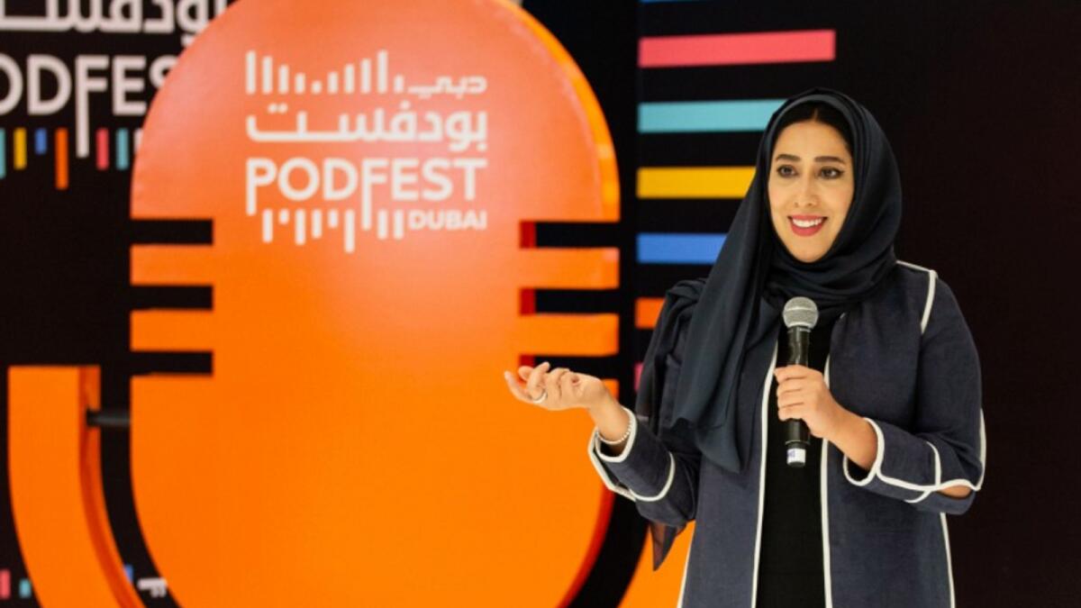 Mona Al Marri speaks at Dubai PodFest on Monday. — Supplied photo