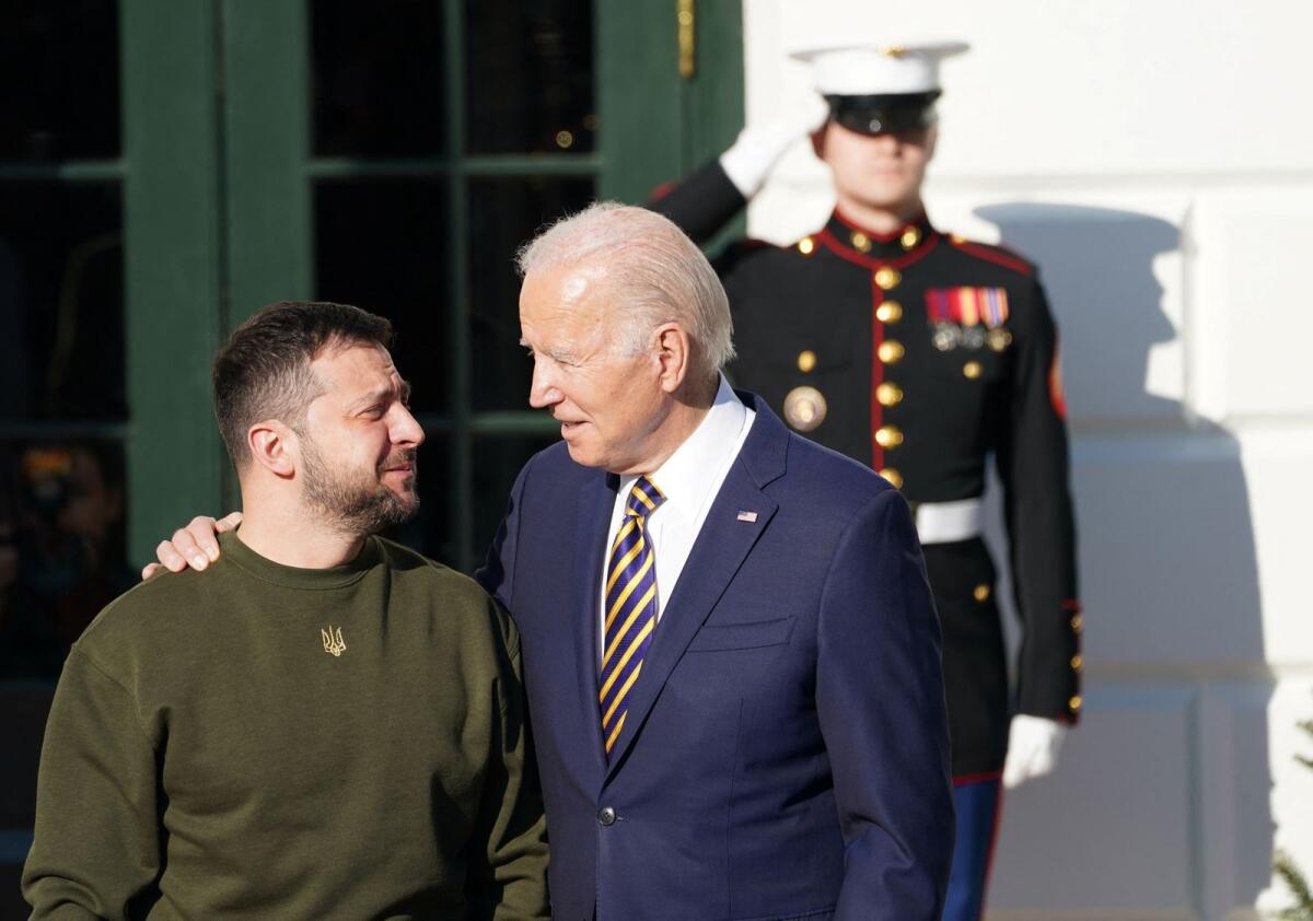 US President Joe Biden welcomes Ukraine's President Volodymyr Zelensky on the South Lawn at the White House in Washington, U.S., December 21, 2022. Photo: Reuters