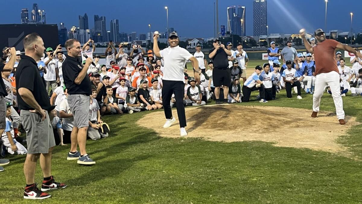 Opening Pitches at the Dubai Little League, right to left: Baseball legends, Albert Pujols and Mariano Rivera, Roger Duthie, President of Dubai Little League and John Miedreich, Executive VP of Baseball Operations for Baseball United. - Supplied photo