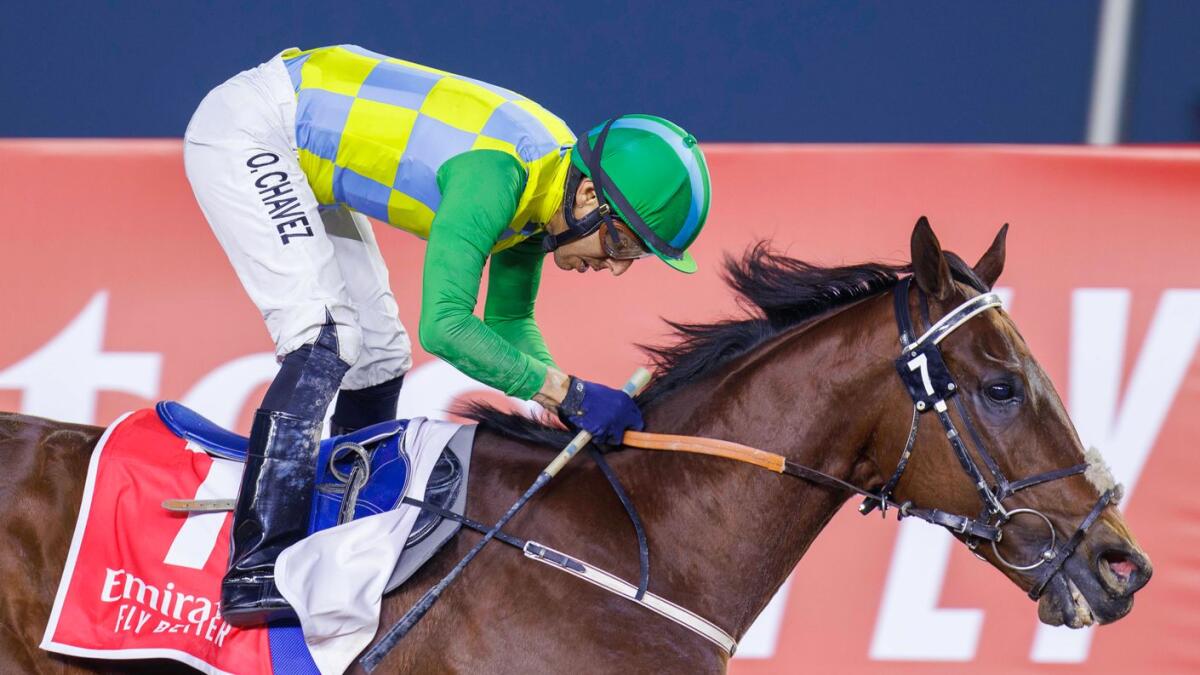 Miloitary Law storms to victory in the Group 2 Al Maktoum Classic on Super Saturday at Meydan racecourse.- Photo by DRC