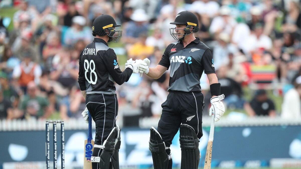 New Zealand's Devon Conway (left) and Will Young make a 100 run partnership during the first Twenty20 international match. — AFP