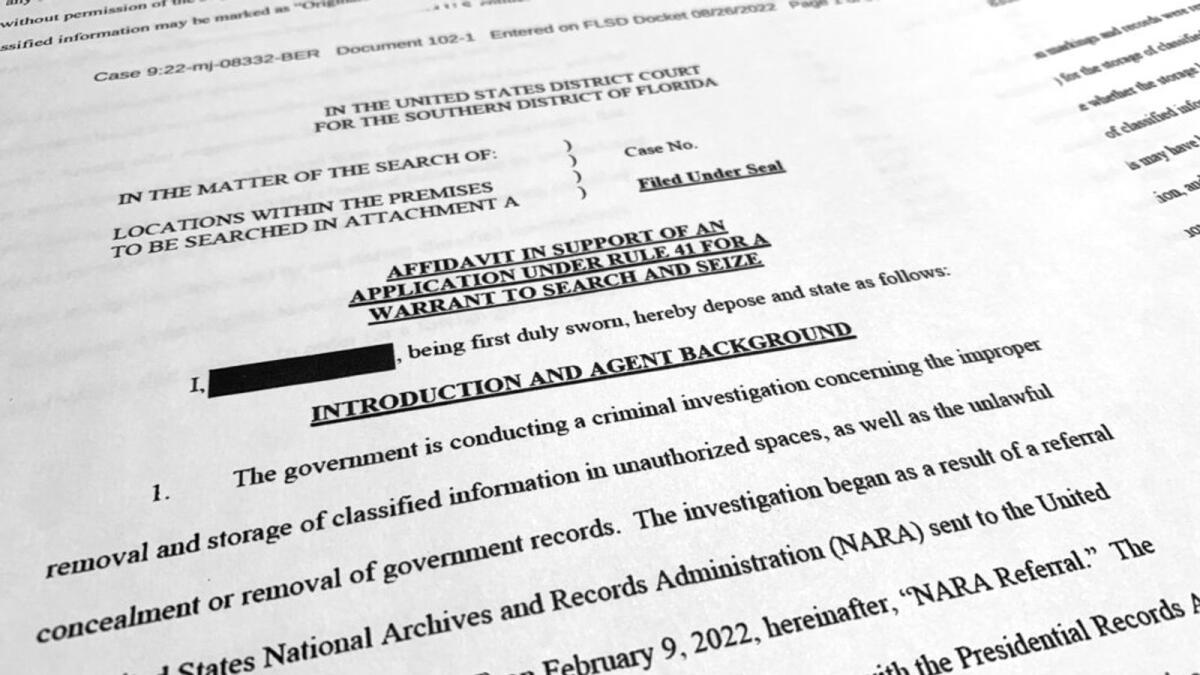 The affidavit by the FBI in support of obtaining a search warrant for former President Donald Trump's Mar-a-Lago estate. –AP