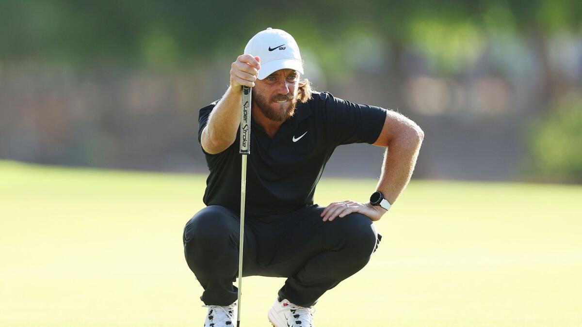 Tommy Fleetwood of England lines up a putt at the DP World Tour Championship at Jumeirah Golf Estates in Dubai - - Supplied photo