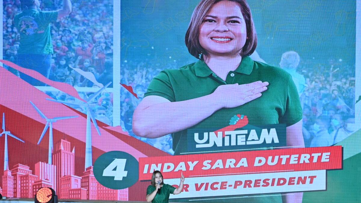 Sara Duterte, daughter of incumbent President Rodrigo Duterte, and running mate of presidential candidate Bongbong Marcos.Photo: AFP