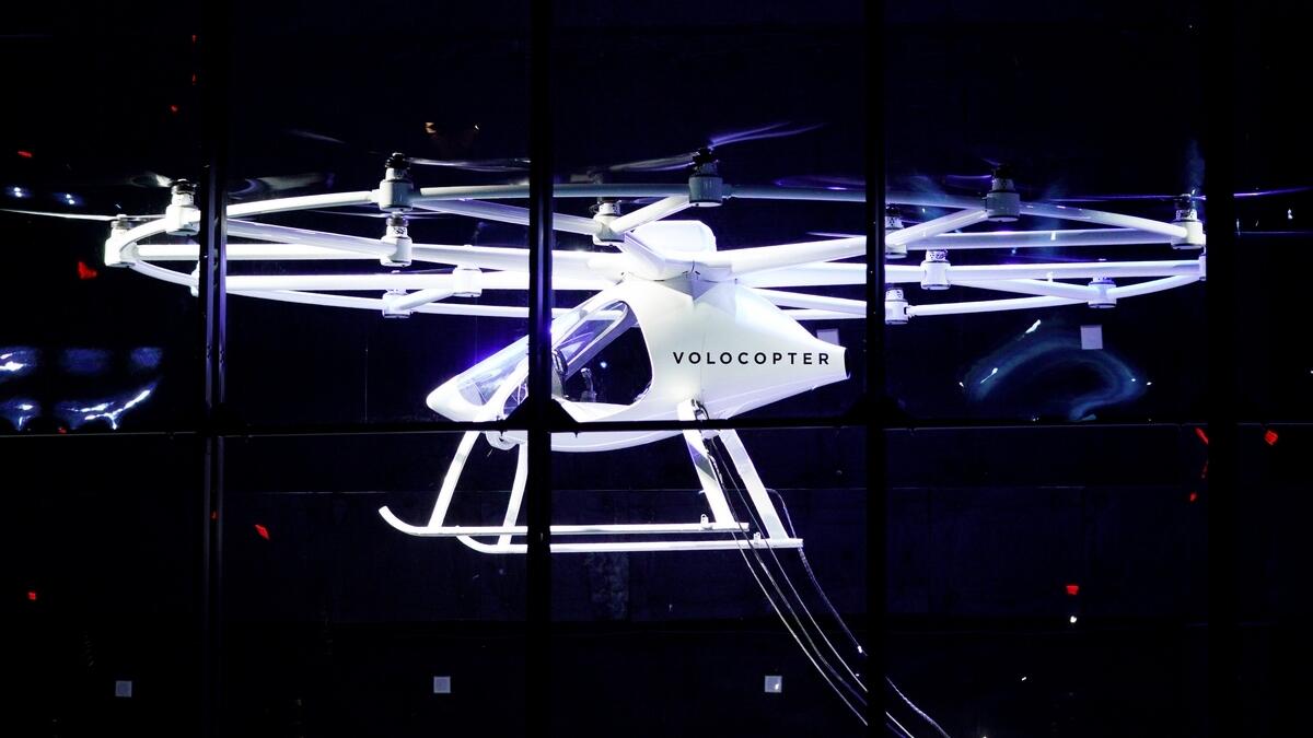 A two-seater Volocopter drone flies on stage at the Intel Keynote address at CES in Las Vegas, Nevada, US.-Reuters