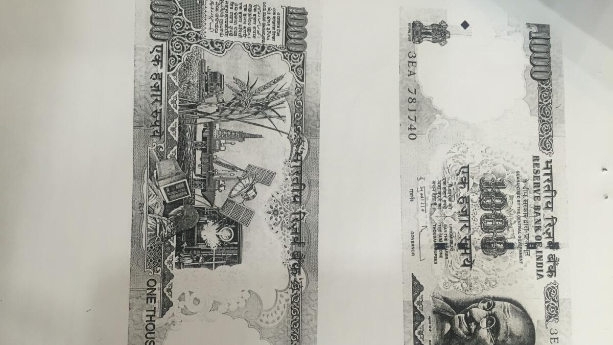 fake Indian currency notes seized by Sharjah Police at their office in Sharjah on Sunday. Photo by Sajila Saseendran