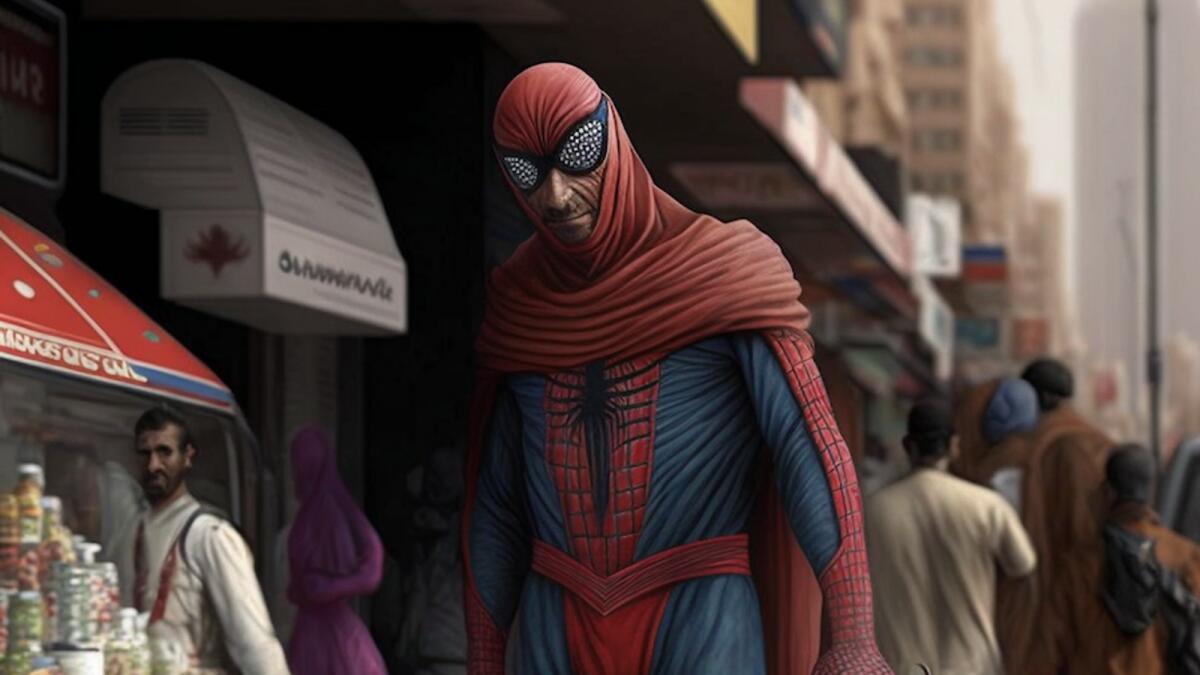 Spiderman in Satwa. AI art created by digital artist Yohan Wadia