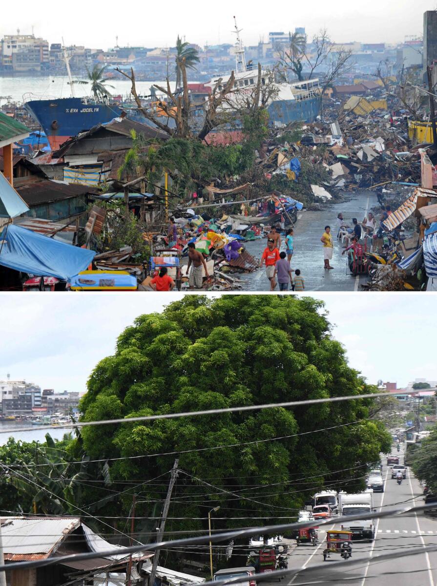 A ship lying next stripped trees and building rubble and debris in Tacloban city's Anibong district, Leyte province on November 14, 2013 (top) after the vessel was swept ashore when Super Typhoon Haiyan made landfall, and a view of the same street ten years later on October 9, 2023 (bottom).  — AFP