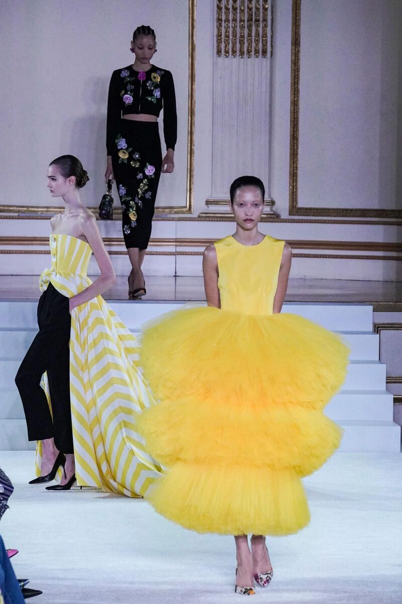 Fashion from the Carolina Herrera latest collection is modeled during Fashion Week, Monday Feb. 13, 2023, in New York. (AP Photo/Bebeto Matthews)