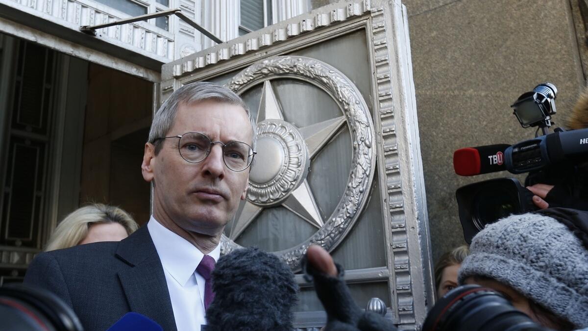 British Ambassador to Russia Laurie Bristow leaves the Russian Foreign Ministry in Moscow, Russia.-Reuters