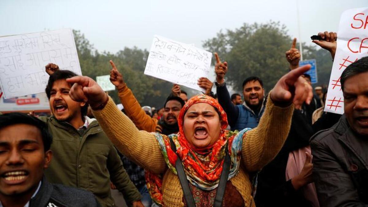Demonstrators take part in a protest against a new citizenship law, in Delhi, India, December 19, 2019. -Reuters
