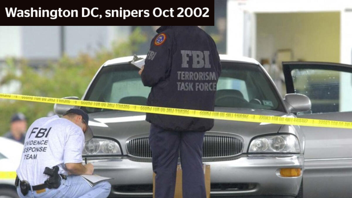 Two men ambush 13 people, killing 10 of them, in a string of sniper-style shootings that terrorize the Washington area.