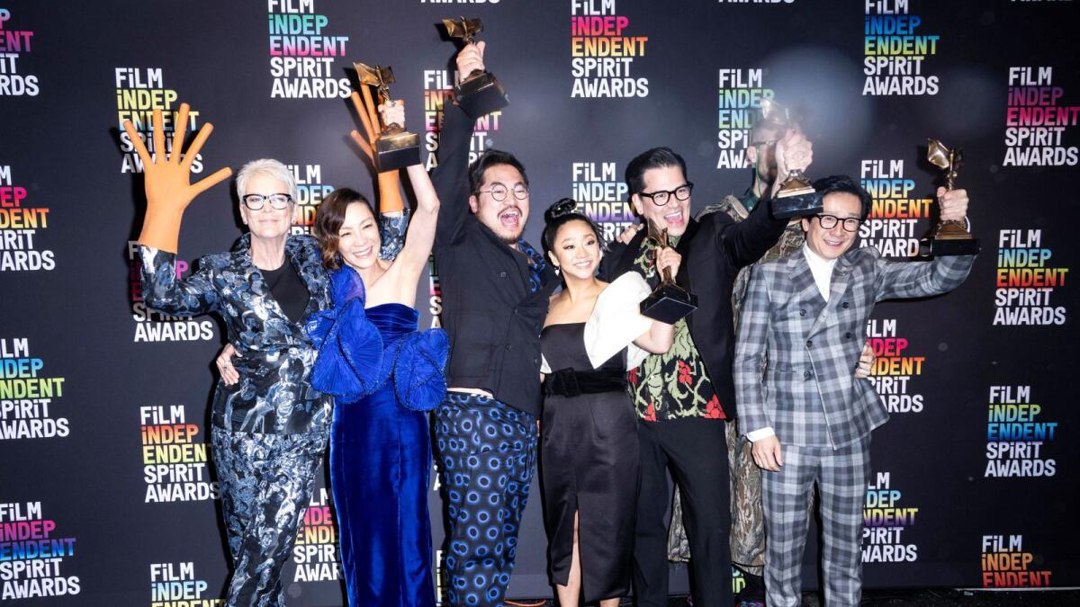 Jamie Lee Curtis, Michelle Yeoh, Dan Kwan, Stephanie Hsu, Jonathan Wang and Ke Huy Quan - winners of the Best Feature award for 'Everything Everywhere All at Once'
