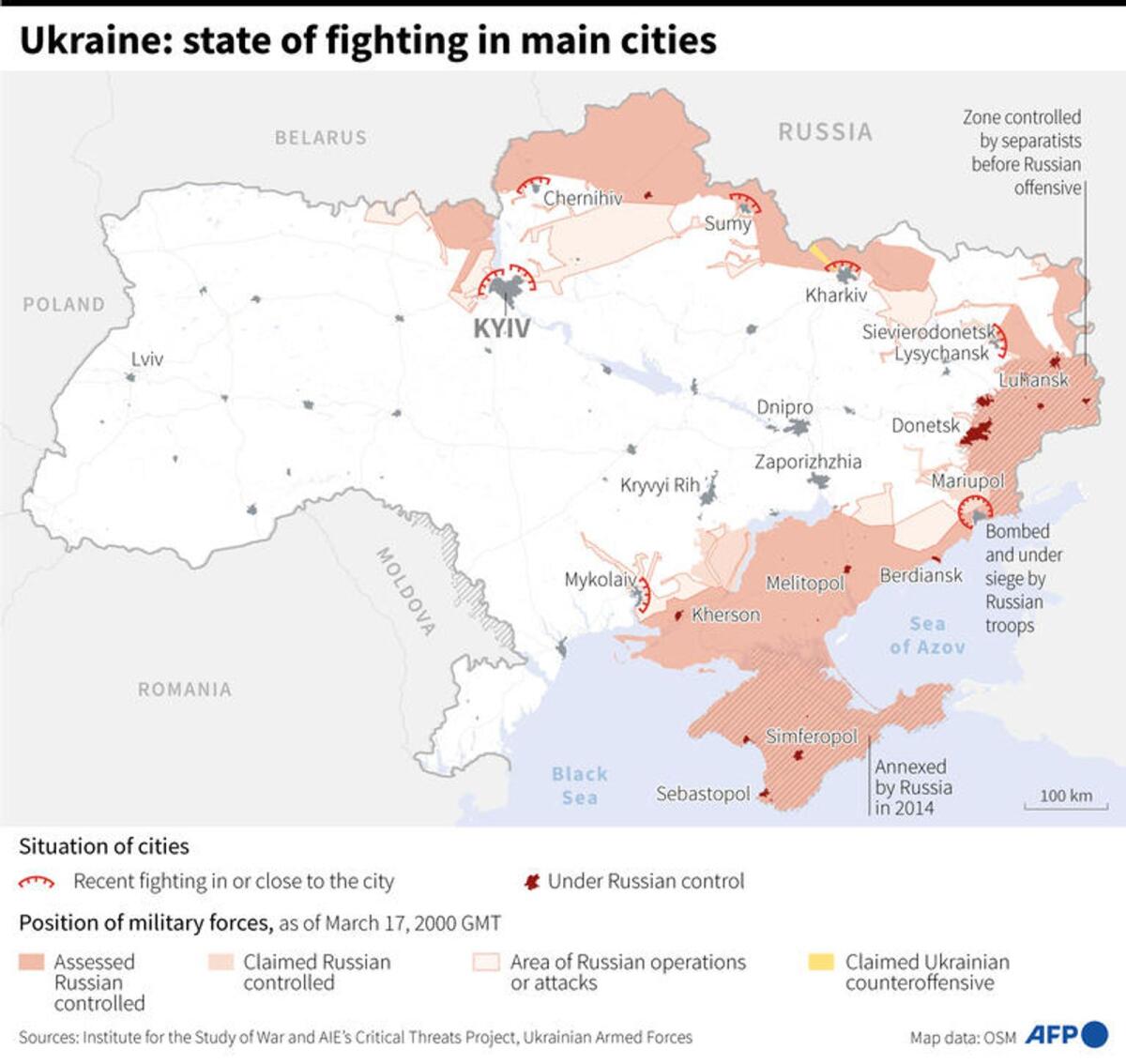 Map of Ukraine showing cities under attack or under Russian control - Photo: AFP