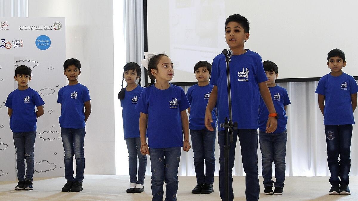 School children perform during the press conference organized to share details about the Child Protection System Awareness Campaign” My Rights at School of Research Science, Art Gallery Hall, Al Warqa, Dubai.- Photo by Juidin Bernarrd