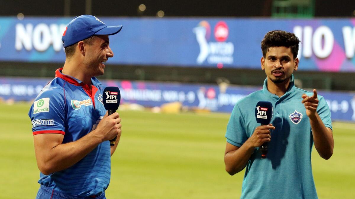 Marcus Stoinis and Shreyas Iyer of Delhi Capitals after the win over Sunrisers Hyderabad. (IPL)
