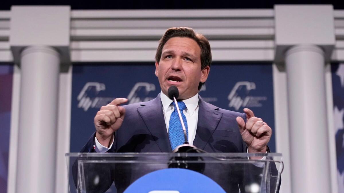 Florida Governor Ron DeSantis speaks at an annual leadership meeting of the Republican Jewish Coalition on Saturday in Las Vegas. — AP