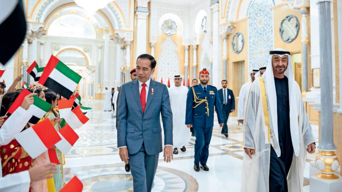 His Highness Sheikh Mohamed bin Zayed Al Nahyan, Crown Prince of Abu Dhabi and Deputy Supreme Commander of the UAE Armed Forces, with Indonesia President Joko Widodo at Qasr Al Watan in 2020.