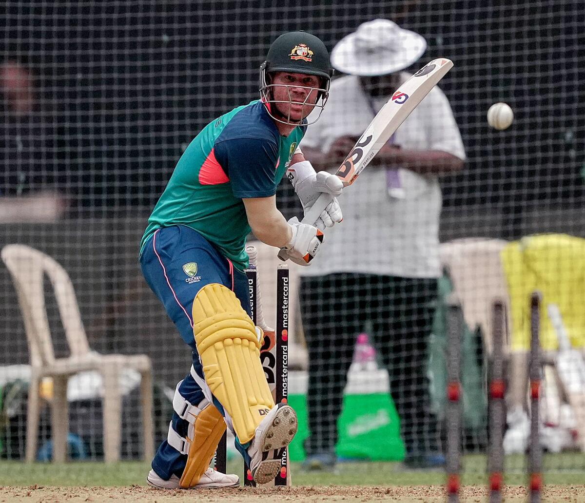Australia's David Warner during a practice session ahead of the ODI series between India and Australia at the Wankhede Stadium in Mumbai. — PTI