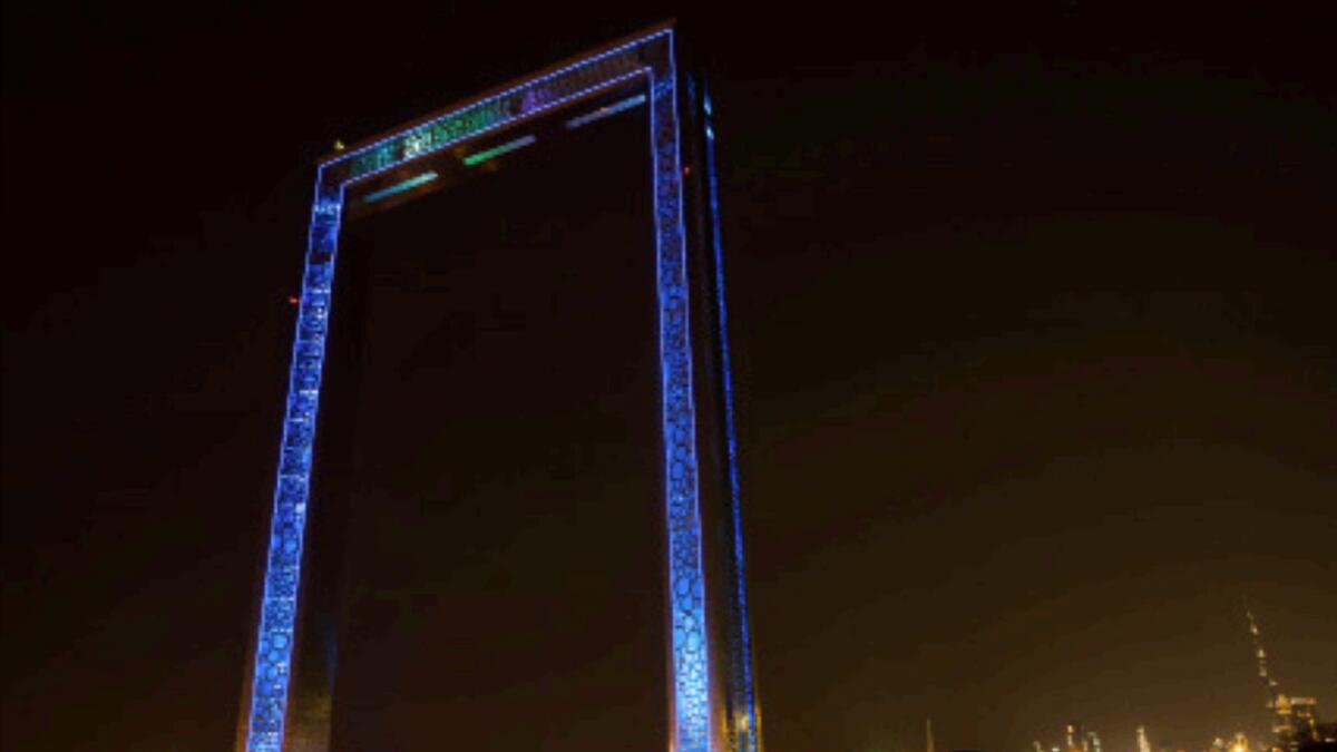 Dubai Frame joined iconic landmarks across the globe last year and was illuminated with blue light to mark World Autism Awareness Day. — File photo