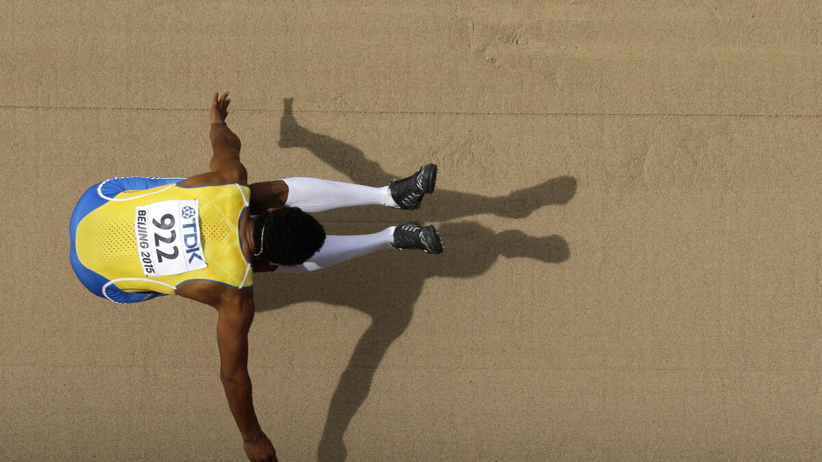 Sweden's Michel Torneus competes in men's long jump qualification at the World Athletics Championships at the Bird's Nest stadium in Beijing, Monday, Aug. 24, 2015. 